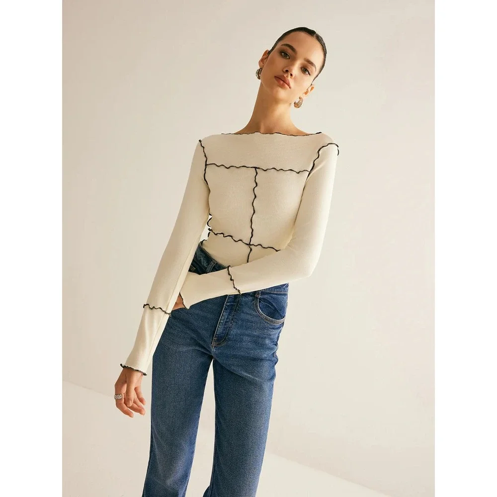 Commense‎ Deep Burgundy Ribbed Lettuce Hem Seam Detail Long Sleeve Top Small - Picture 8 of 13